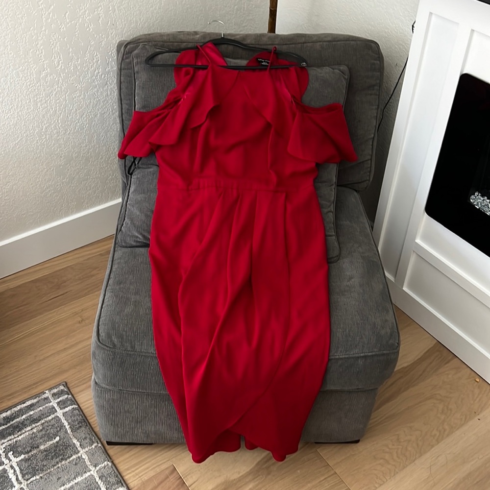 Stunning red dress, open shoulder, tulip hem midi/maxi length. Priced to sell!